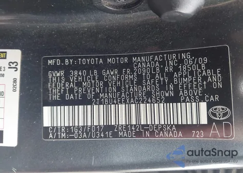 2010 Toyota Corolla S z USA, uszkodzony, nr VIN 2T1BU4EEXAC224652